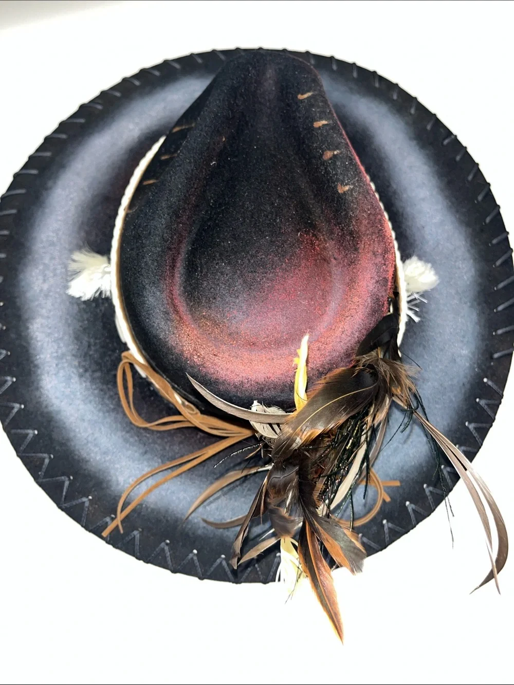 Women's Bohemian Feather Trimmed Western Hat in Black and Rust